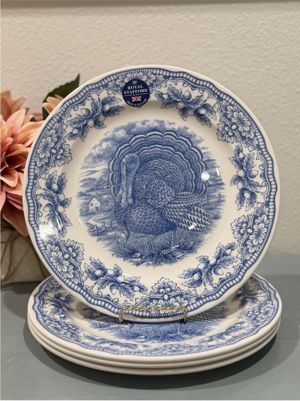 Set of 4 Royal Stafford Blue Turkey 10
1/2" Woodland Dinner Plates